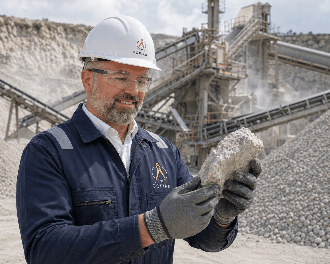 Philippe Maréchal inspecting a limestone sample at a quarry